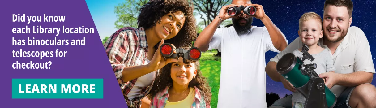Adults and children with binoculars and a telescope